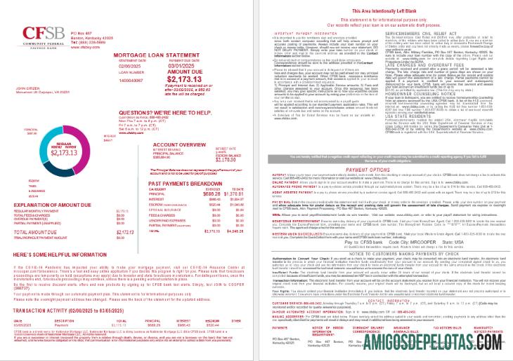 Extrato de empréstimo hipotecário do banco CFSB dos EUA em formatos Word e PDF, 4 páginas 1 2 amostra